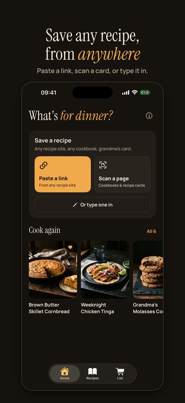 Home: paste a link, scan a page, or type a recipe in