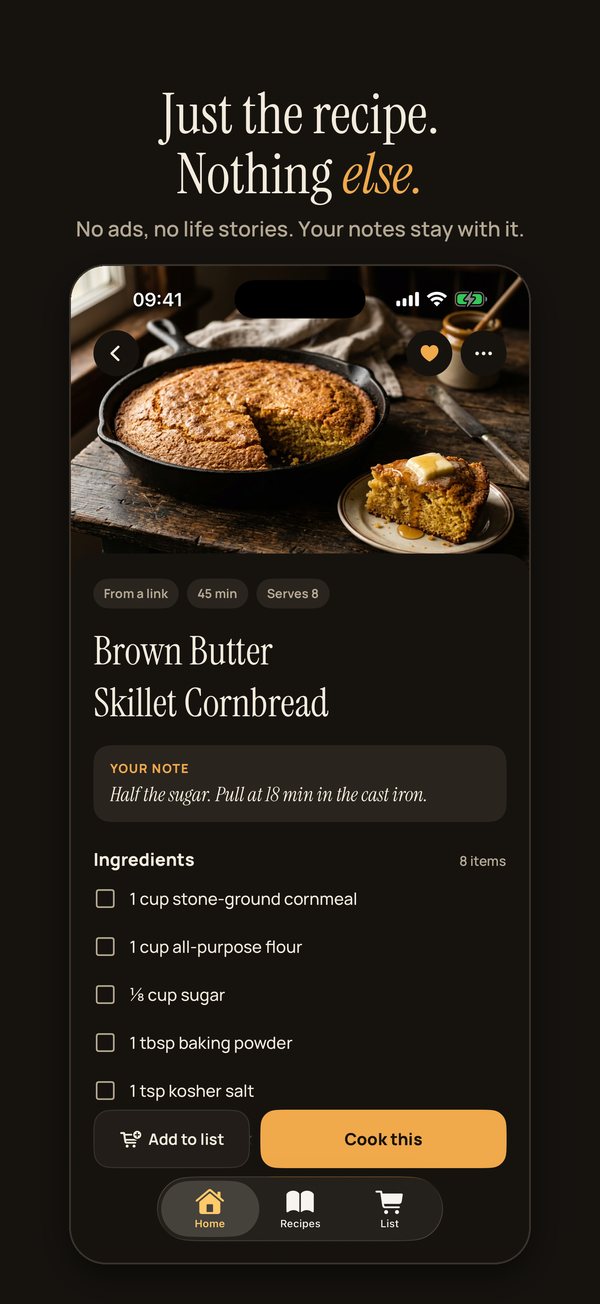 A saved recipe with photo, notes and ingredient checklist