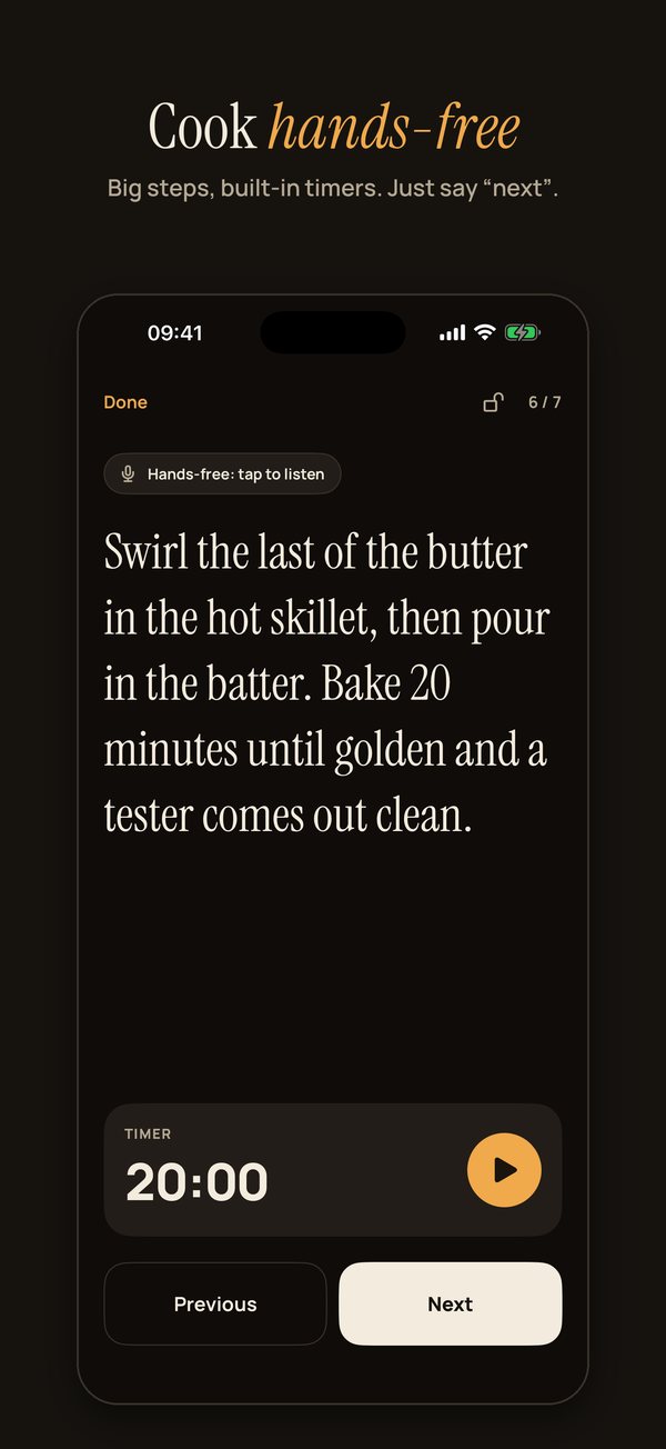 Cook Mode with large step text and a built-in timer