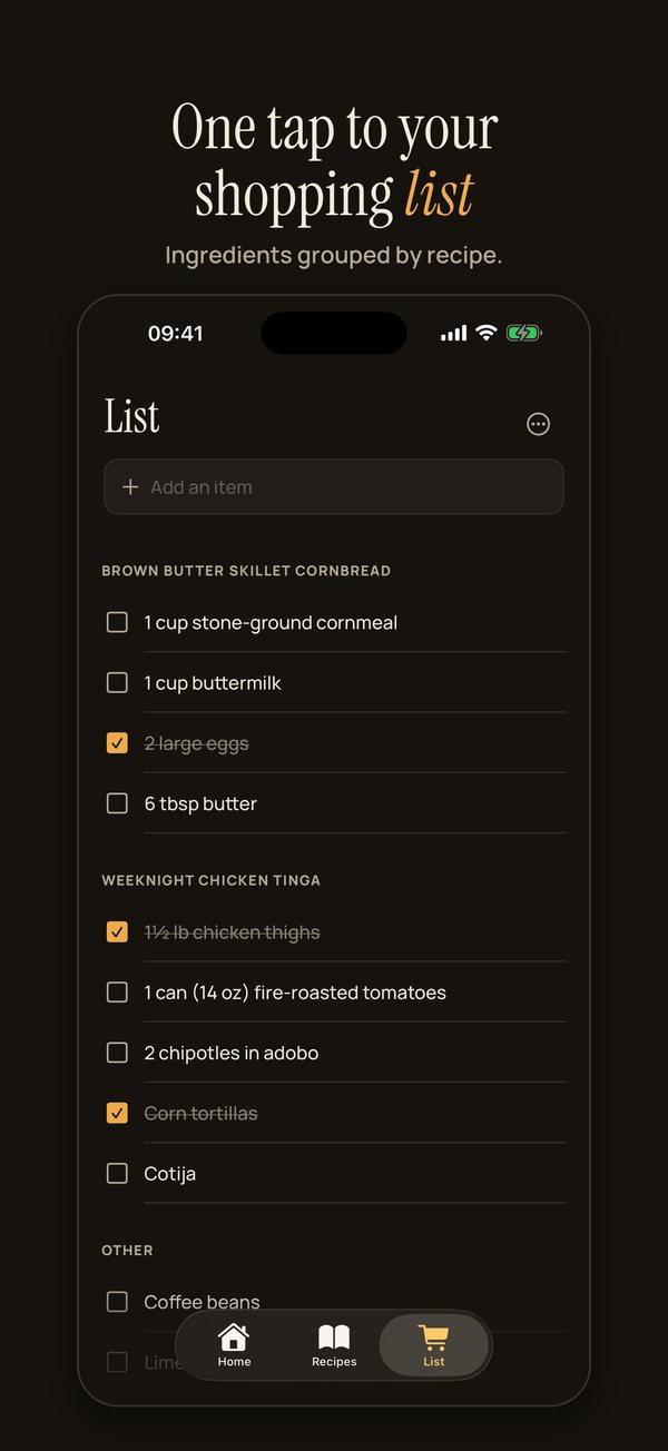 Shopping list grouped by recipe