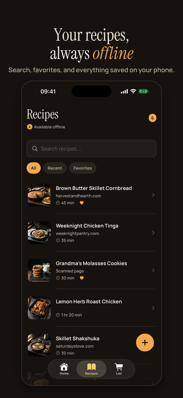 Your recipe library, saved offline