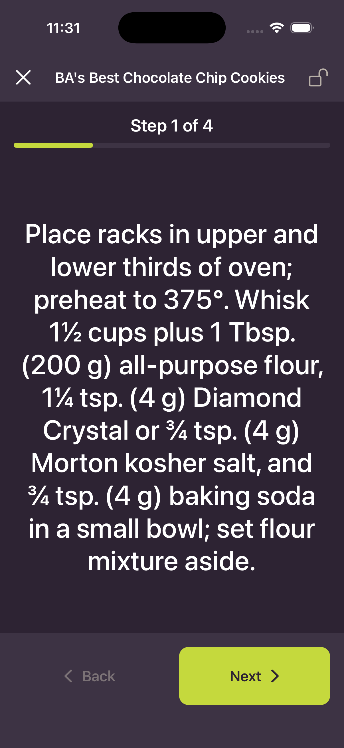 Cook Mode with large text for hands-free cooking