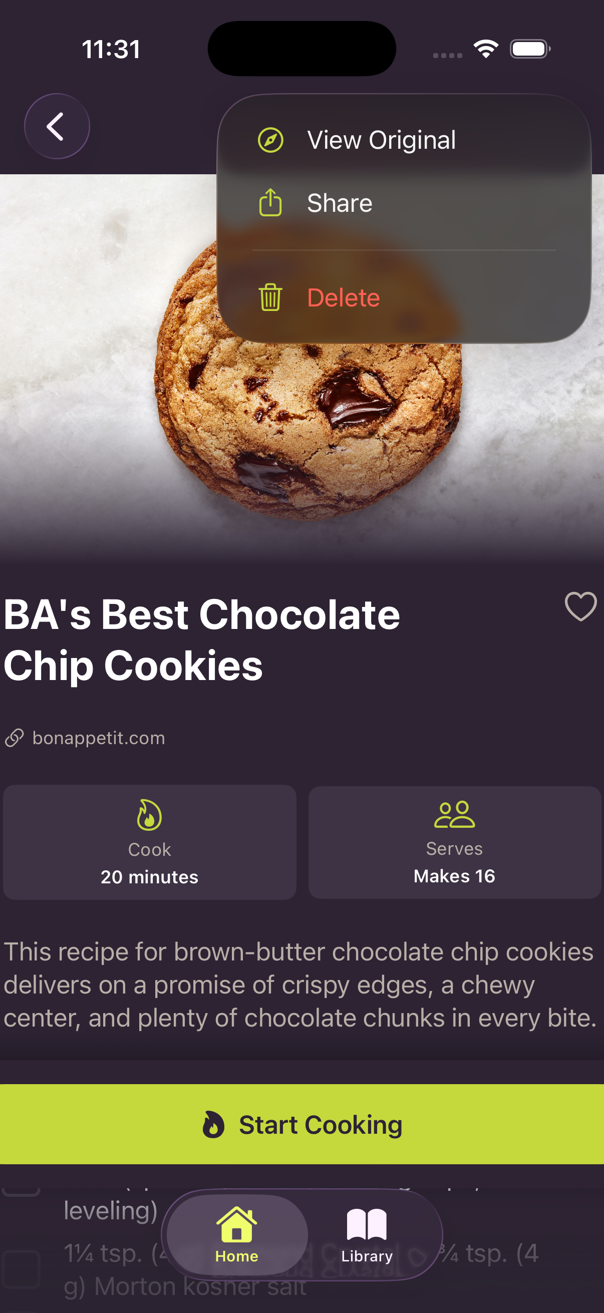 Recipe detail view with ingredients and instructions